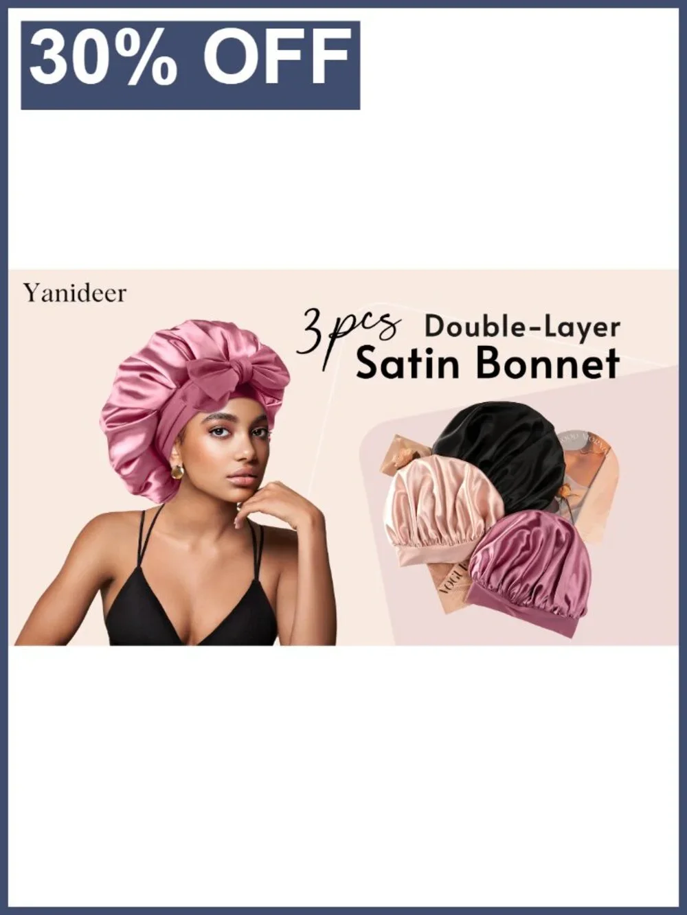 3 Pack Adjustable Satin Bonnets for Sleeping, Double Layer Hair Bonnet with Tie